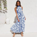 Summer Floral Print Halter Neck Dresses For Women Sleeveless Leace-up Long Dress Casual Beach Holiday Vestidos Female Clothing - M & M Global