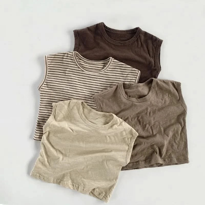 Summer Children Slub Cotton T Shirts Korean Fashion Toddler Kids Sleeveless Striped T-Shirts Baby Boys Casual Tank Tops 4 5 6 7Y - M & M Global