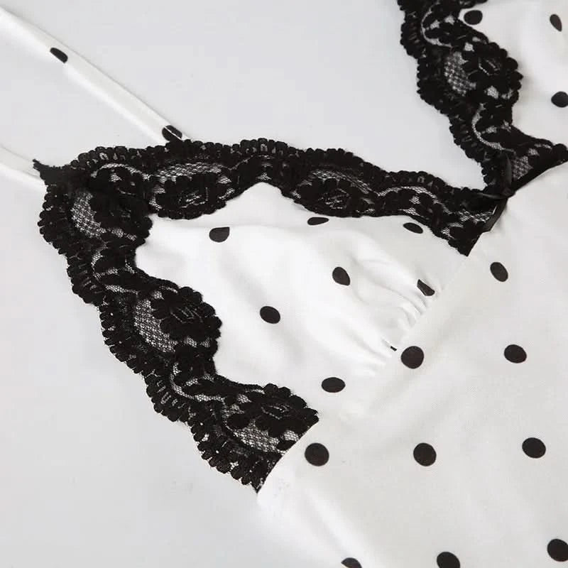 Tuularose Lace Spaghetti Strap Long Dress Women's Elegant Retro V-Neck Polka Dot Sleeveless Dress Summer Patchwork Party Dress - M & M Global