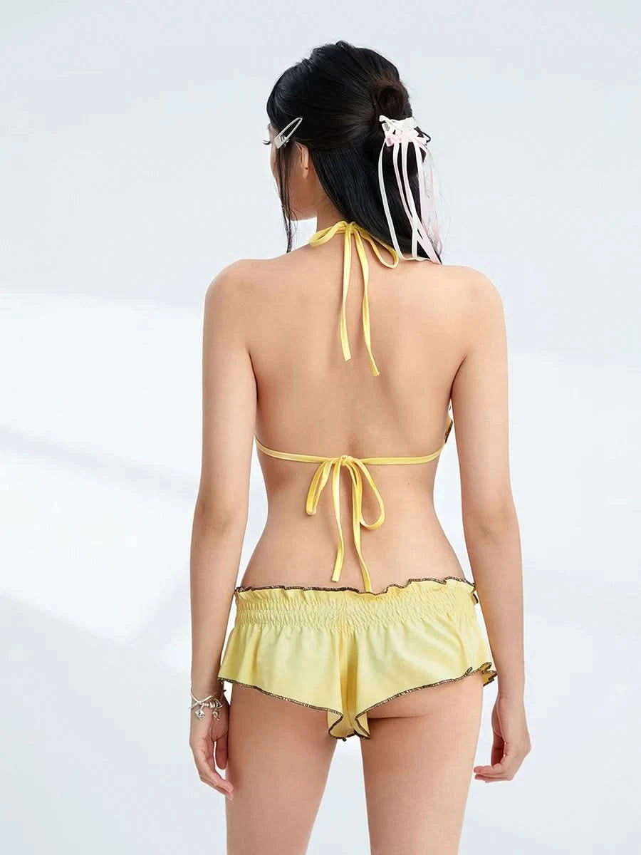 Women Bikini 2024 Patchwork Sleeveless Padded Bra And Frills Thong Bottoms Bikini Women Summer Beach Padded Up Bathing Suits - M & M Global