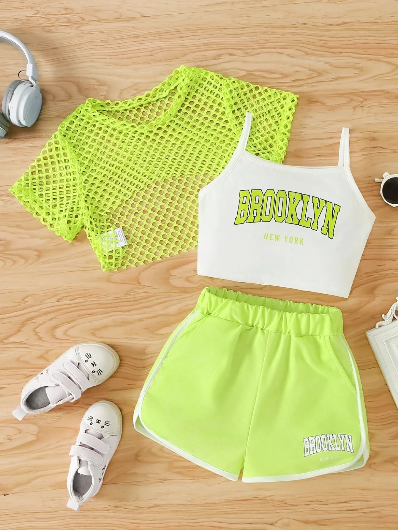 Girls Three-Piece Clothing New Breathable Summer Thin Fashion Short-Sleeved Mesh Top + Letter Printed Short Vest Suspender + Letter Printed Sports Shorts - M & M Global