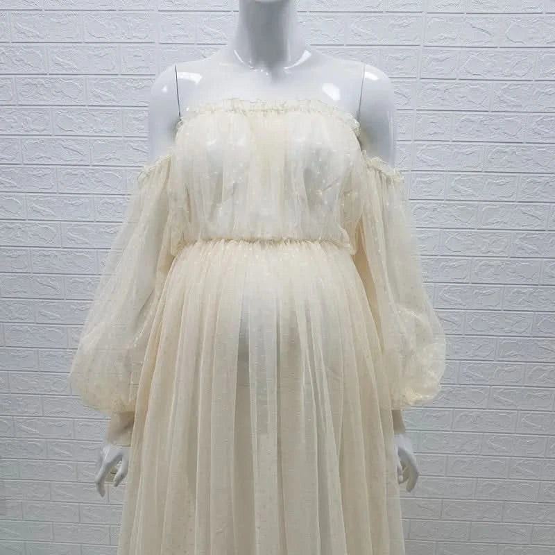 White Dot Tulle Maternity Photography Props Dress See Through Maternity Photo Shoot Tulle Long Dress Lantern Sleeve - M & M Global