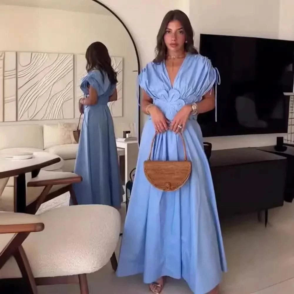 Blue V-Neck Waist-Fitted Bow-Decored Long Dress For Women Fashionable And Elegant European And American Style - M & M Global