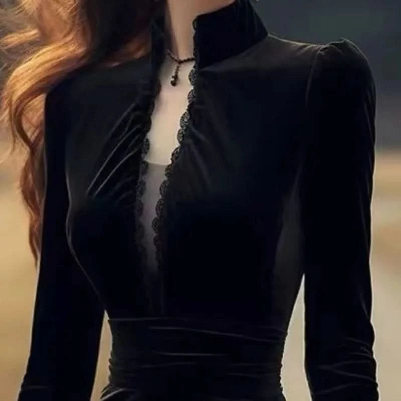 OCEANLOVE Autumn Winter Dresses for Women Hepburn Style Vintage Solid Black Vestidos Mujer Stand Collar Elegant Long Dress - M & M Global