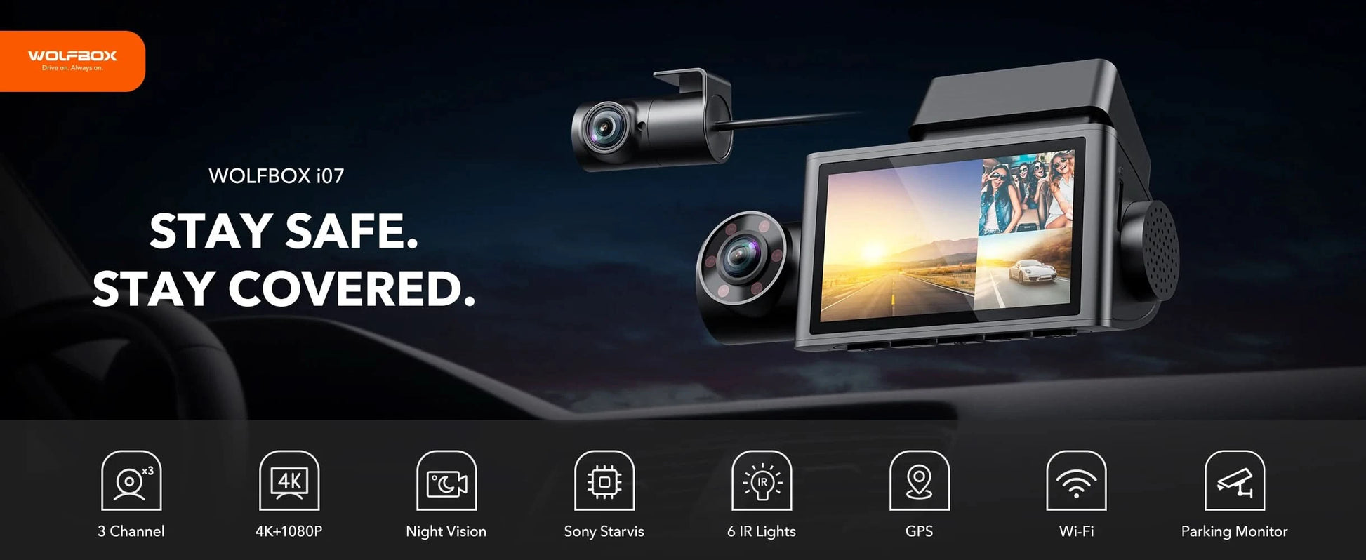 WOLFBOX I07 Dash  Cam 3 Channel Dash Camera for Car Front and Rear 4K Dash Camera with GPS WiFi Car Dvr for 170 FOV WDR - M & M Global