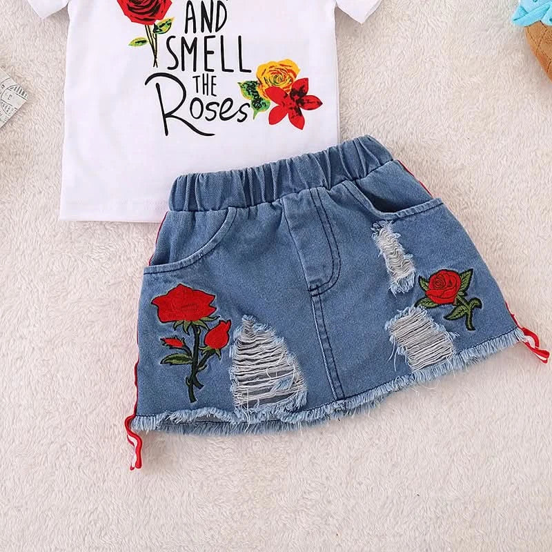 Humor Bear Girls Suit Summer Children's Clothes Suit Embroidery Letter Print Short sleeve+skirt Set Toddler Christmas Outfits - M & M Global