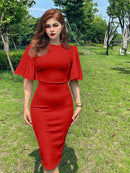 New 2026 Crew Neck Half Sleeve Hips-Wrapped Slim Fit Party Women Midi Dress Autumn Official Dresses For Ladies