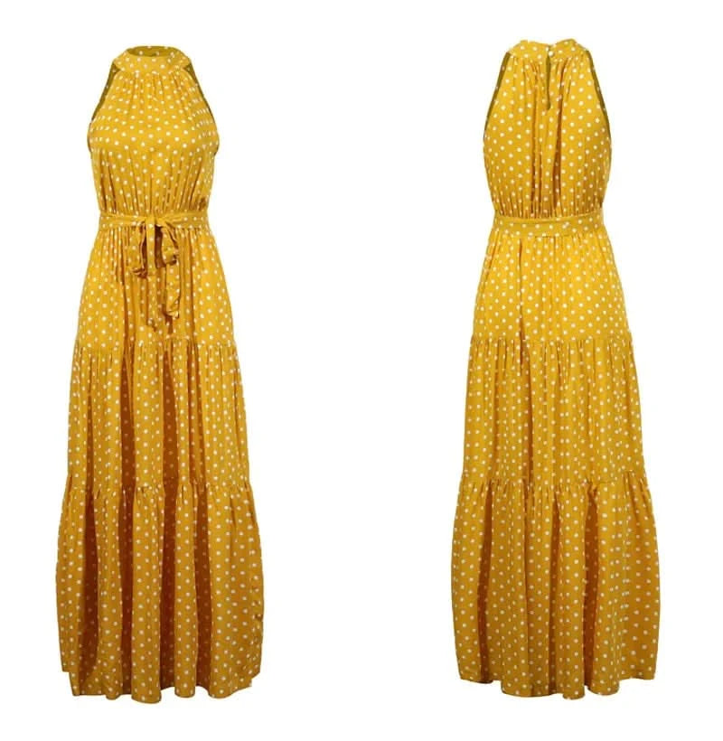 Summer Floral Print Halter Neck Dresses For Women Sleeveless Leace-up Long Dress Casual Beach Holiday Vestidos Female Clothing - M & M Global