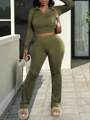 2025 Newest Women's Two-Piece Set Casual Comfortable V-Neck Ribbed Knit Solid Color Long Sleeve Top and Pants