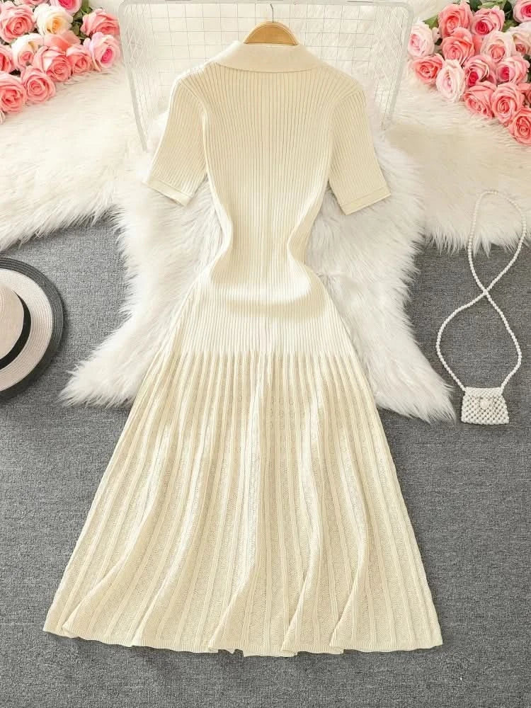 Summer 2024 New Women's Black Beige Single Breasted Knitted Long Dress Green Elegant Office Lady Short Sleeve Pleated Dress Chic - M & M Global