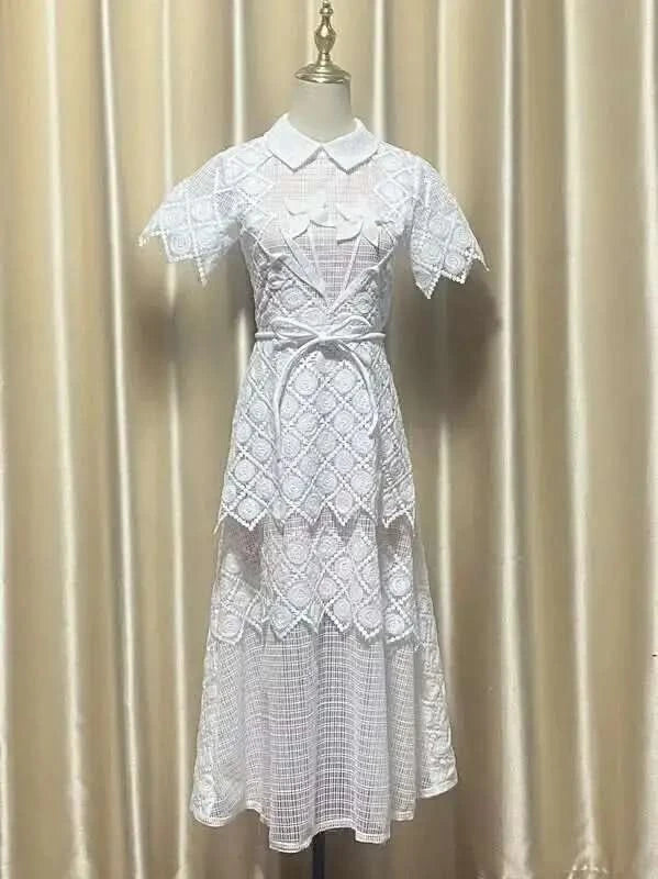 UCXQ Elegant Long Dress Fairy Style Embroidery Lace Patchwork Short Sleeve Waist Party Dresses For Women 2025 Spring Summer 9302 - M & M Global