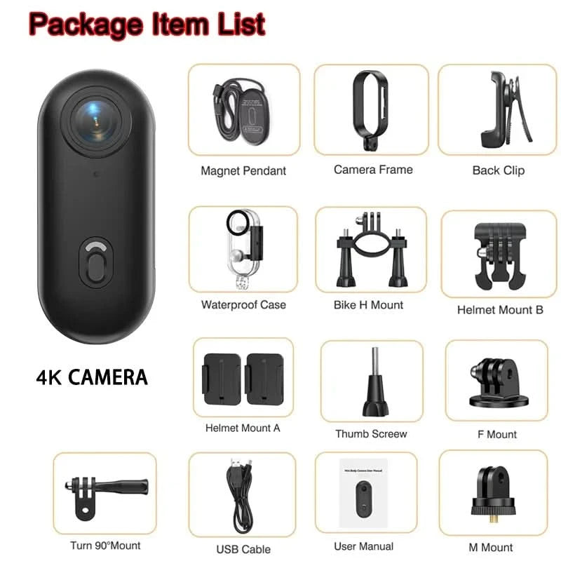Pocket 4K Mini Camera  Magnetic Wearable Cam with Waterproof Shell WiFi Bike Camera Friendly for Casual Cycling Vlog Home Use - M & M Global
