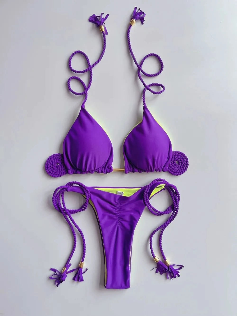 Sexy Solid color Two-piece Triangle Swimwear Women's Swimsuit Braiding rope Bikinis Set Beach Bathing Suit Brazilian Biquinis - M & M Global