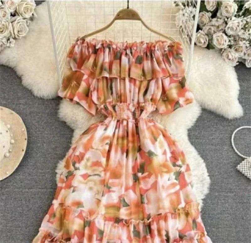 2024 New Summer Women Sexy Slash Neck Short Sleeve Slim Long Dress Fashion Patchwork Big Hem Sweet Ruffles Floral Dress - M & M Global