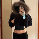 New American Style Hooded Sweatshirt Jacket Zipper Spring Autumn Short Design Top Short Outerwear Fur Collar Commuter Style