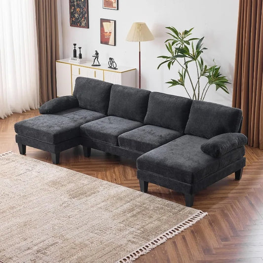 110" Sectional Couches for Living Room,U Shaped Couch with Double Chaise, 4-Seat Sofa Set with Chenille Fabric for Home F