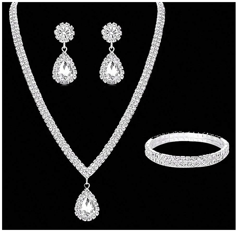 4 Pieces Luxurious Jewelry Set Exquisite Rhinestone Pendant Elegant Women's Crystal Silver Plated Necklace Earrings Bracelet Set - M & M Global