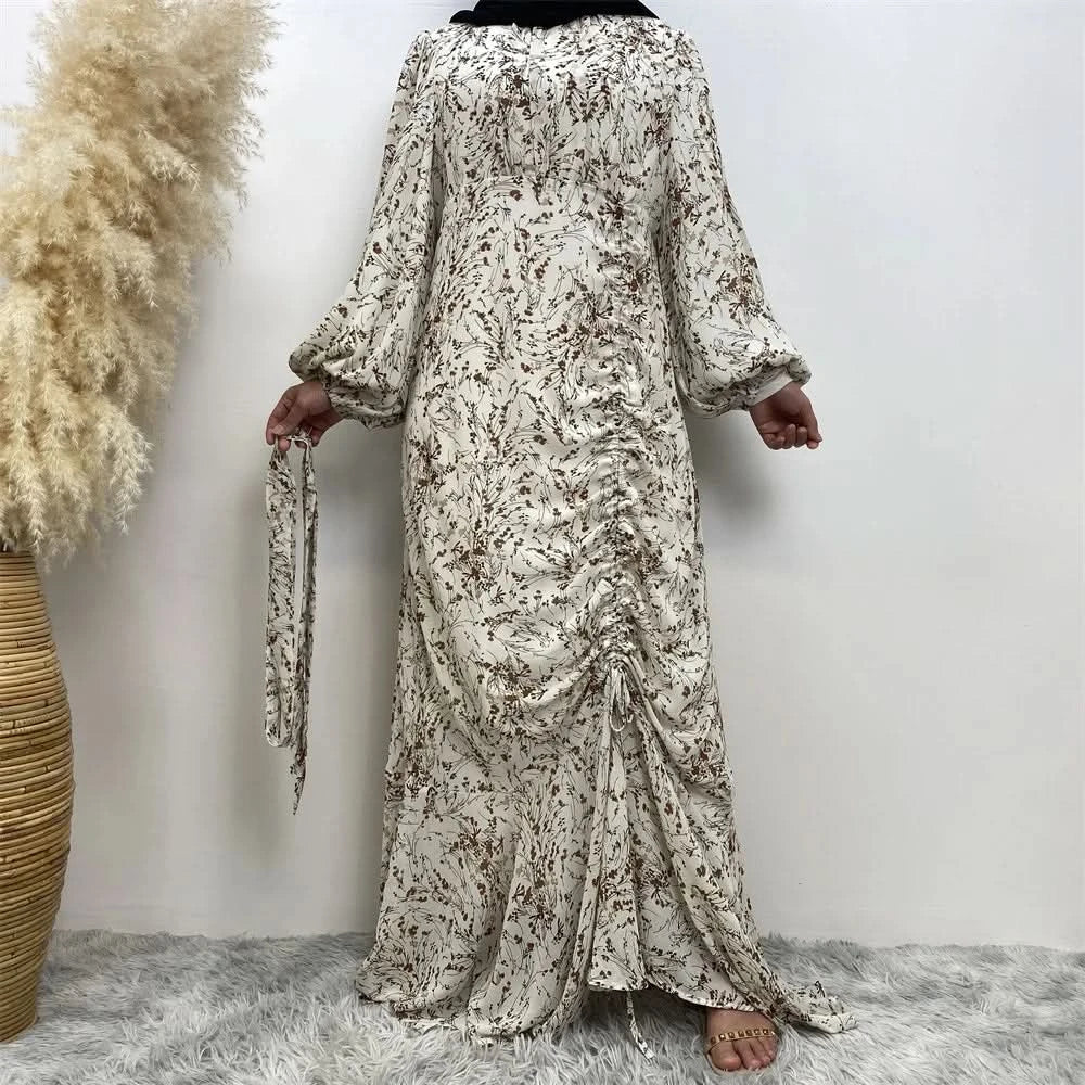 Muslim Women's dress Casual print bark crepe long dress Zipper collar long sleeves loose Muslim maxi dress - M & M Global