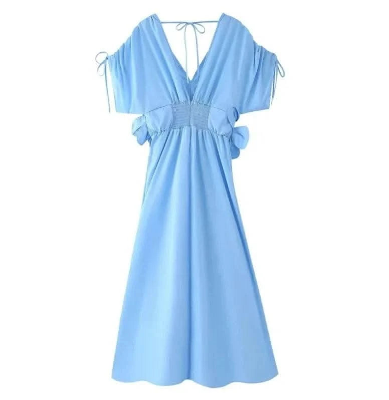 Blue V-Neck Waist-Fitted Bow-Decored Long Dress For Women Fashionable And Elegant European And American Style - M & M Global