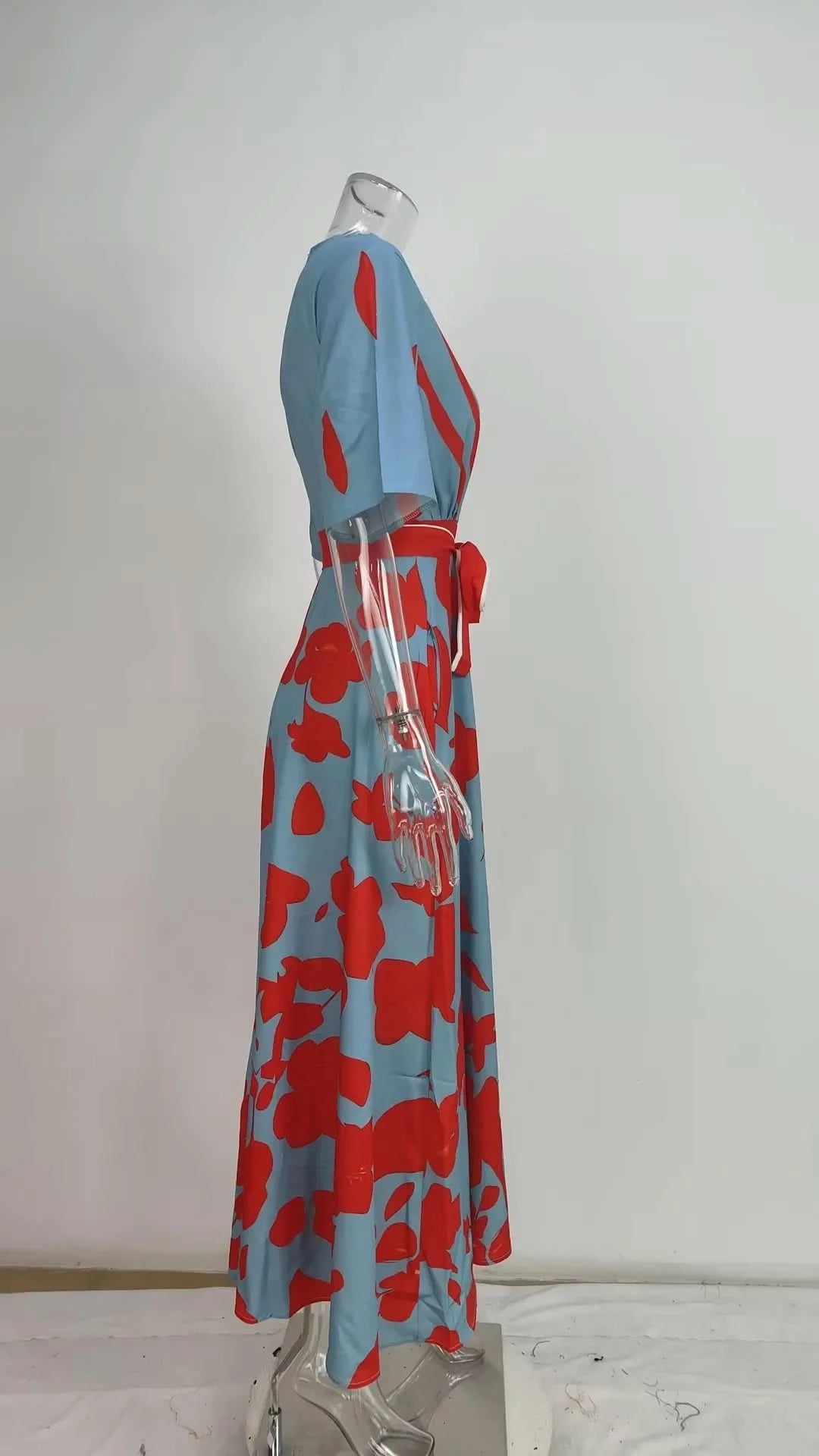 Spring Summer Women Fashion V Neck Belted Party Long Dress Sexy Printing  Boho Maxi Dresses Short Sleeve Pocket Femlae Holiday - M & M Global