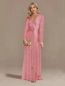 Luxury Long Sleeves V-Neck Sequins Evening Dresses Elegant Wedding Party Women Guests Prom Cocktail Gowns