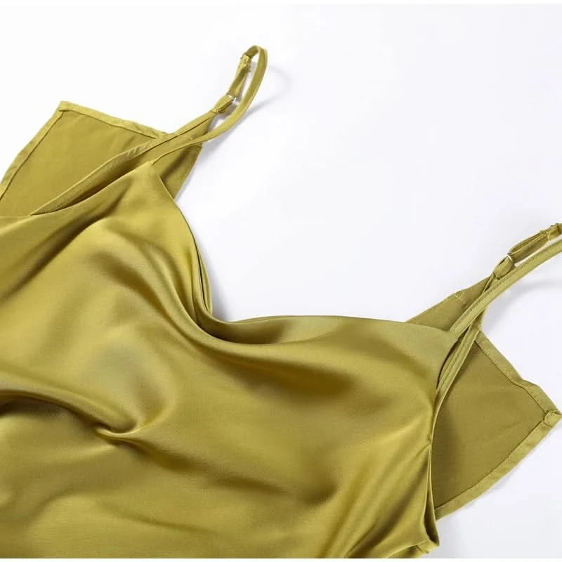 Elegant Green Satin Ruffles Sling Long Dress Women Sexy Backless Sleeveless Split Slim Dresses Lady 2025 New Party Club Vestidos - M & M Global