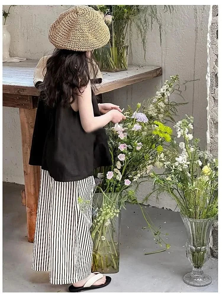 2PCS/set Vest+Striped Wide Leg Pants Summer Daily Simple Sleeveless Children's Clothing For 1 to 8 Years Old - M & M Global