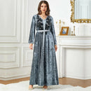 Ramadan Luxury Muslim Fashion Bat Sleeve Moroccan Turkiye Dubai Dress Middle East Arab Dress Sequins Golden Velvet Long Dress - M & M Global