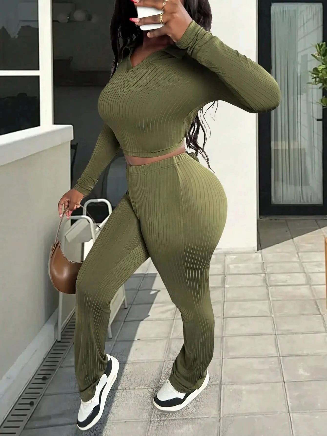2025 Newest Women's Two-Piece Set Casual Comfortable V-Neck Ribbed Knit Solid Color Long Sleeve Top and Pants