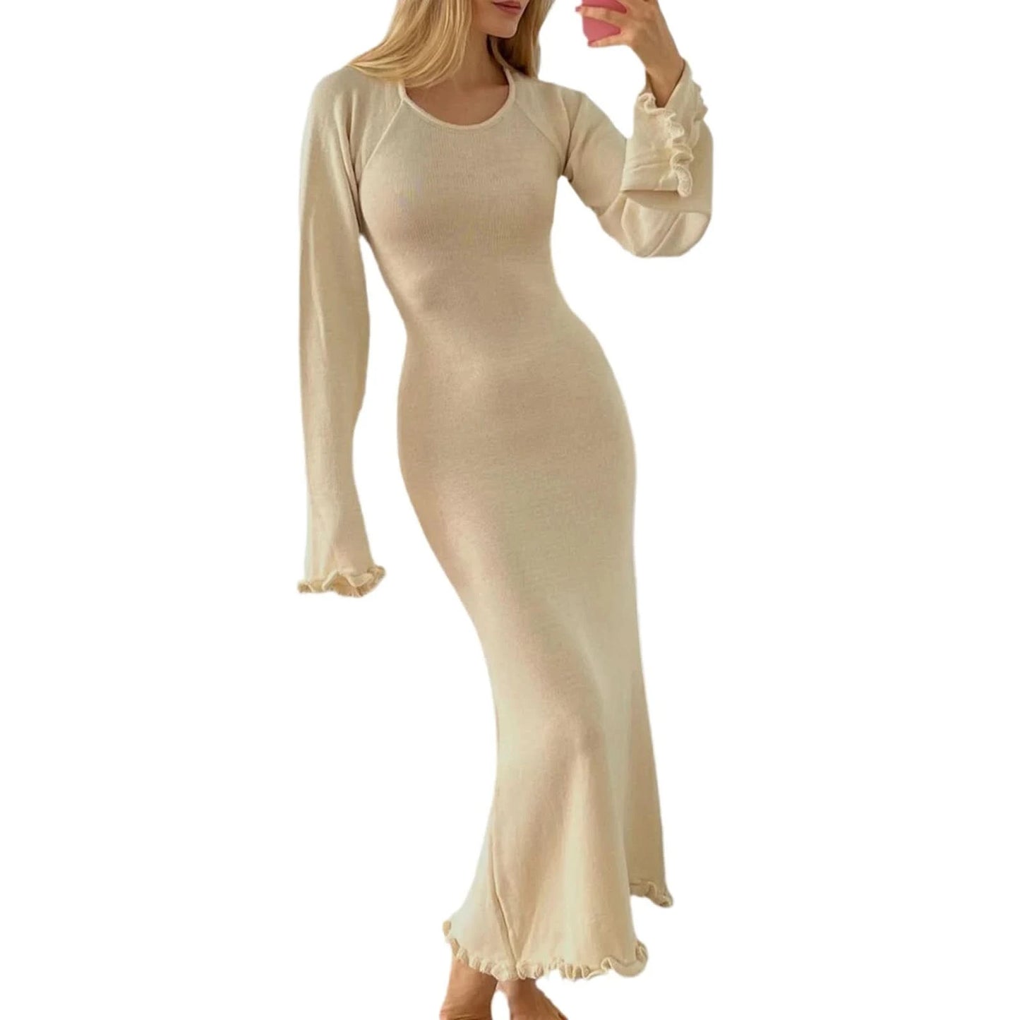 Women Ribbed Knit Ruffle Trim Long Dress Long Sleeve Bodycon  Party Cocktail Dress Flare Summer Beach Cover Up - M & M Global
