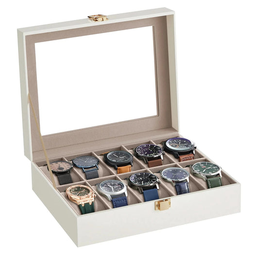 SONGMICS Watch Box with 10 slots and glass lid displaying various watches.