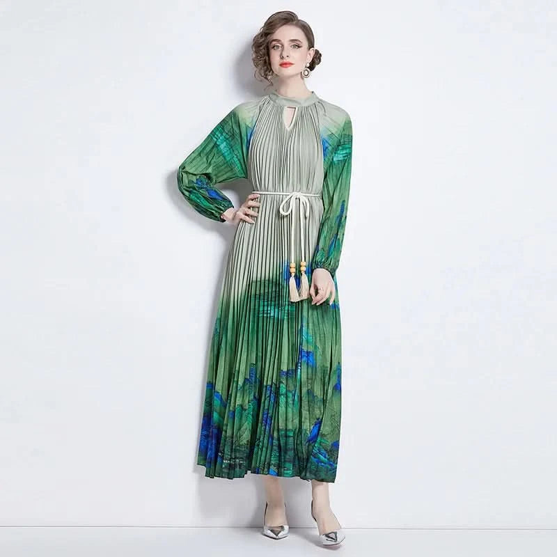 Spring Holiday Print Long Dress For Women Fashion Loose Lantern Sleeve Party Robe Female Big Swing Tassels Belt Pleated Clothes - M & M Global