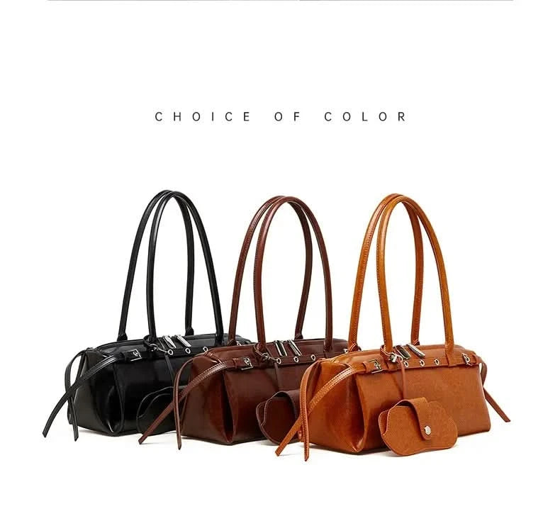 Genuine Leather Women's Baguette Bag Niche Retro Motorcycle Trend Cool belt Handbag New Luxury Design Shoulder Underarm Bag - M & M Global