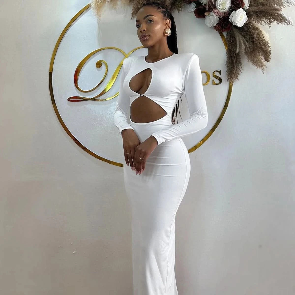 Hawthaw Women 2024 Spring Autumn Sexy Long Sleeve Party Club Hollow Out Bodycon White Long Dress Wholesale Items For Business - M & M Global