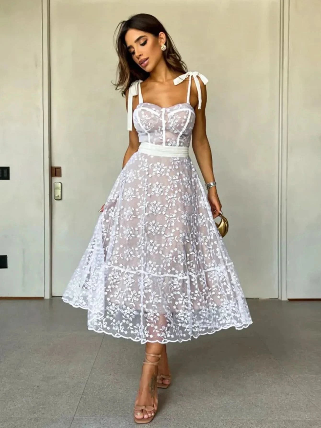Sexy Lace Jacquard See Through Women Dress Sleeveless Tie Up Backless lace Long Dress Summer Party Ladies Bandage Party Dress - M & M Global