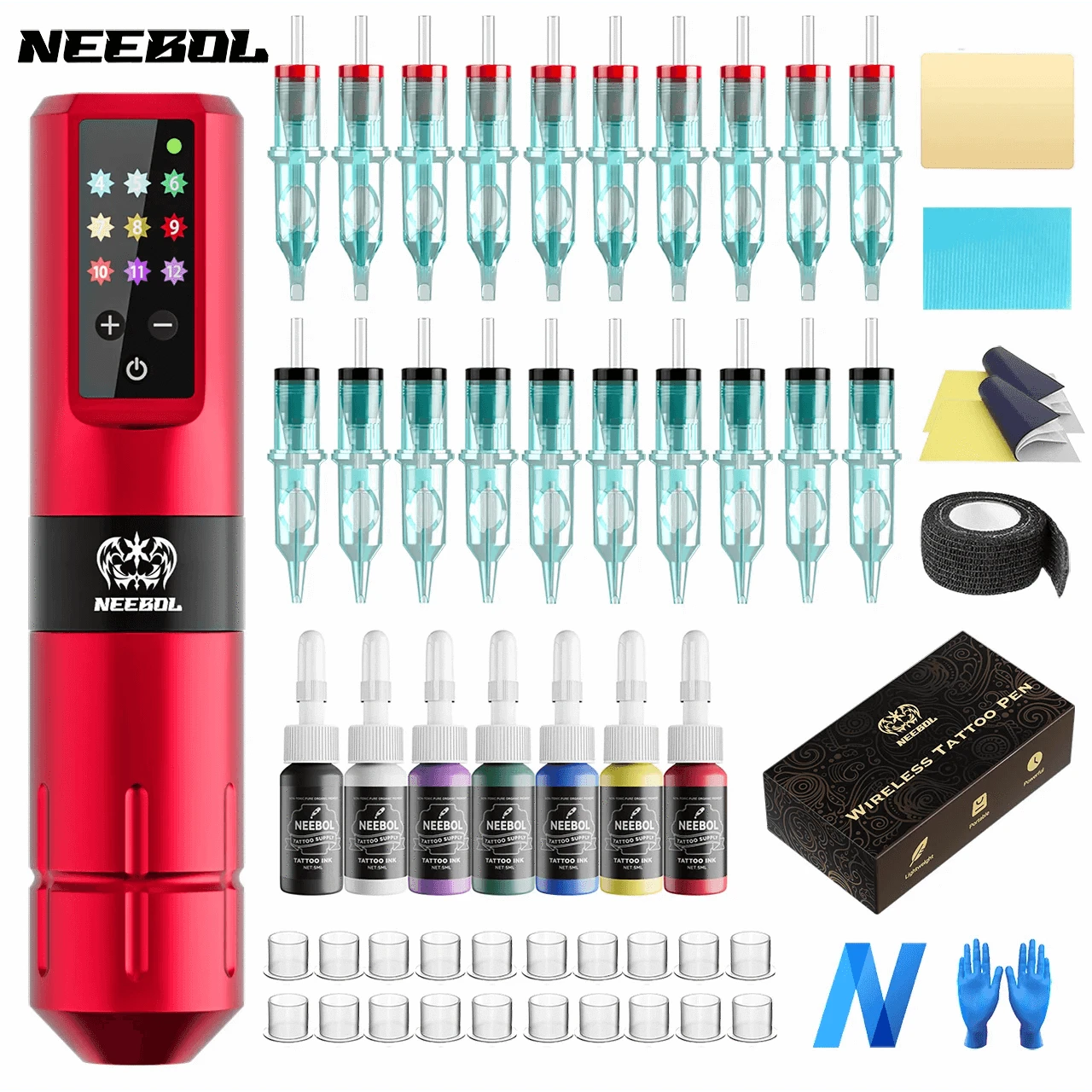 1pc/set Complete Tattoo Machine Kit Wireless, 20 Cartridge Needles, 7 Inks, Tattoo Pen Set,Permanent Makeup Tool for Tattoo Art - M & M Global
