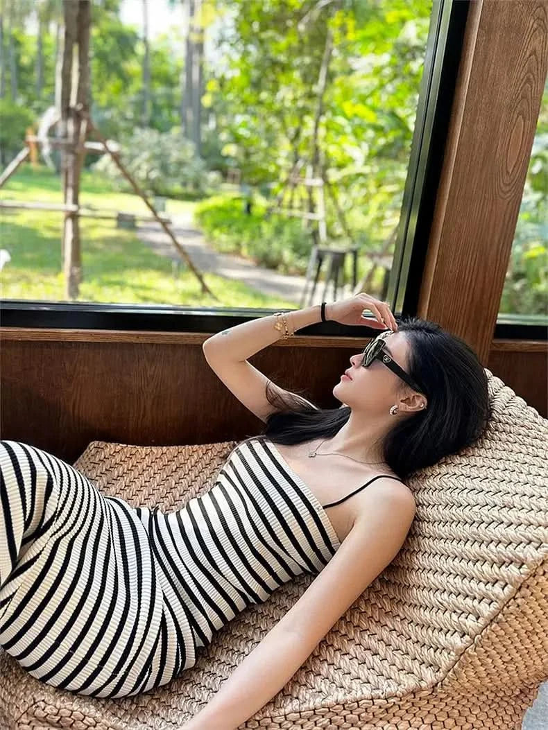 Striped Knitted Slim Dresses Women's Summer Skinny Sleeveless Bodycon Long Dress Casual Holiday Wrap Hip Sundress - M & M Global