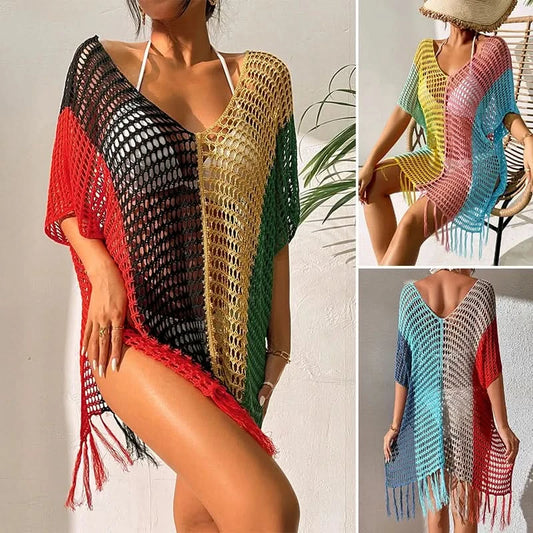 Knitted Contrast Tassel Bikini Summer Beach Cover Up Sexy Hollow Out Women V Neck Loose Beachwear Sunscreen Smock - M & M Global