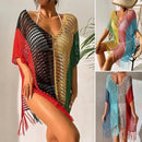 Knitted Contrast Tassel Bikini Summer Beach Cover Up Sexy Hollow Out Women V Neck Loose Beachwear Sunscreen Smock - M & M Global