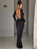 Dulzura O-Neck Long Sleeves Ruched Backless Maxi Dress Solid Sexy Elegant Long Dress Women’S Party Prom Clubwear Autumn Winter - M & M Global