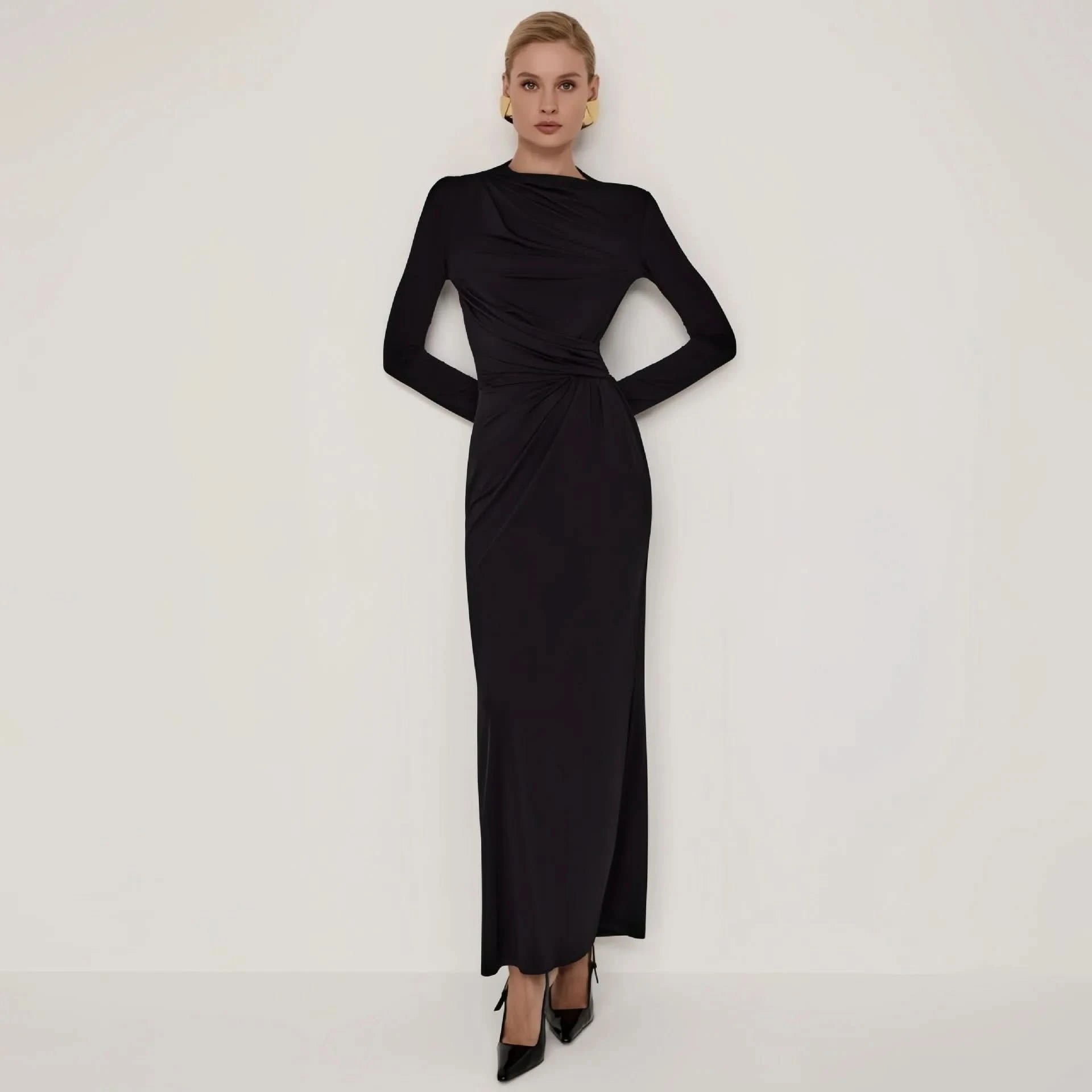 Tossy Fashion Autumn Pleated Long Dress Female High Waist Slim Bandage Solid Elegant Commute Clothes Ladies Y2k Maxi Dress 2024 - M & M Global