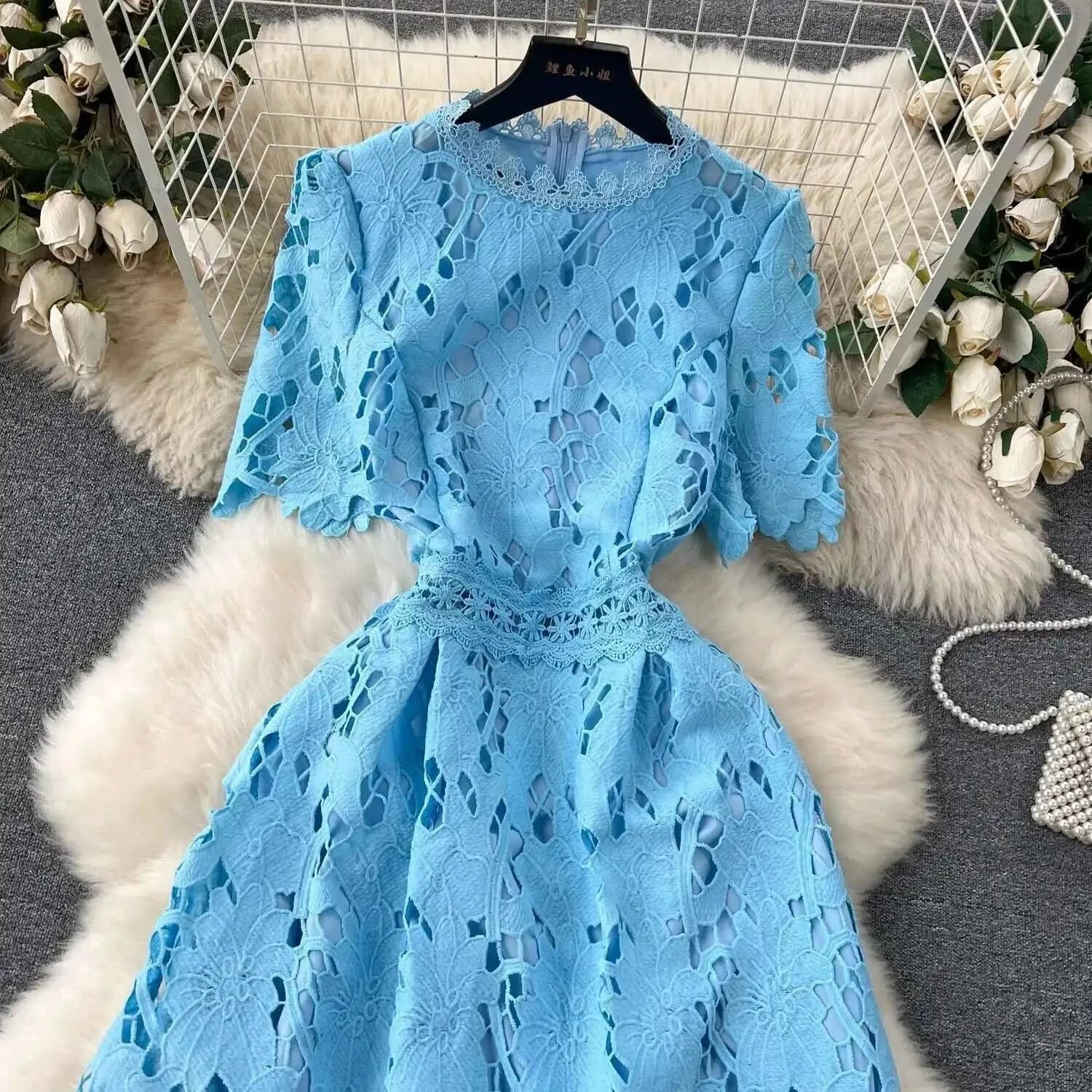 Elegant Flower Embroidery Lace Hollow Out Midi Dresses Women's 2025 Summer O Neck Short Sleeve Casual Long Dress Party Vestidos - M & M Global