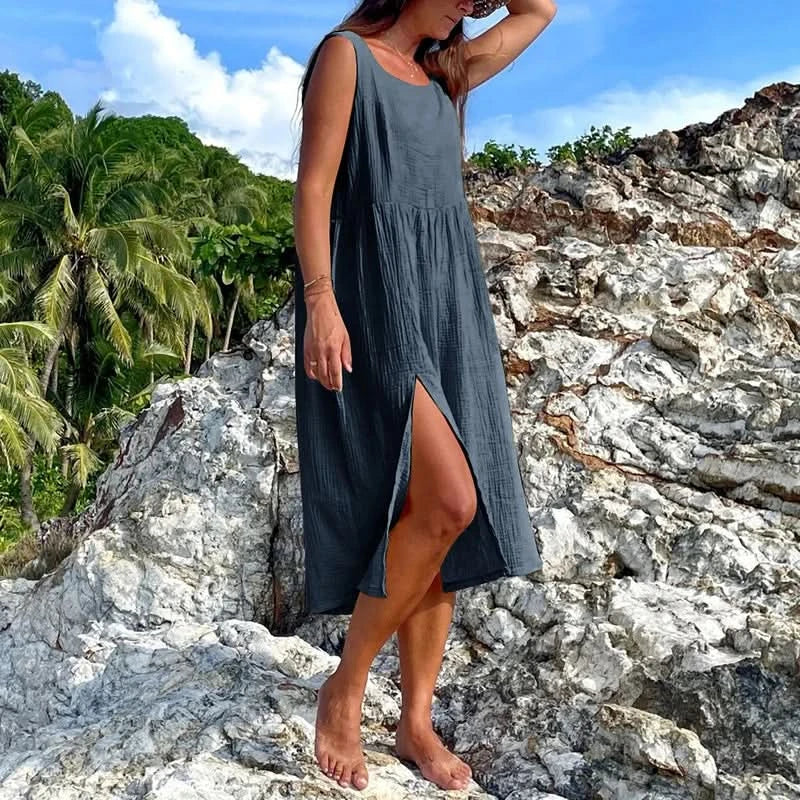 Newly 100% Cotton Gauze Dress For Women 2023 Square Collar Sleeveless Open Side Long Dress Summer Comfortable Beach Outfit - M & M Global