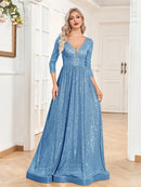 Luxury V Neck Long Sleeves Blue Sequins Formal Evening Dress Women 2025 Wedding Party Prom Maxi Cocktail Dress Gowns