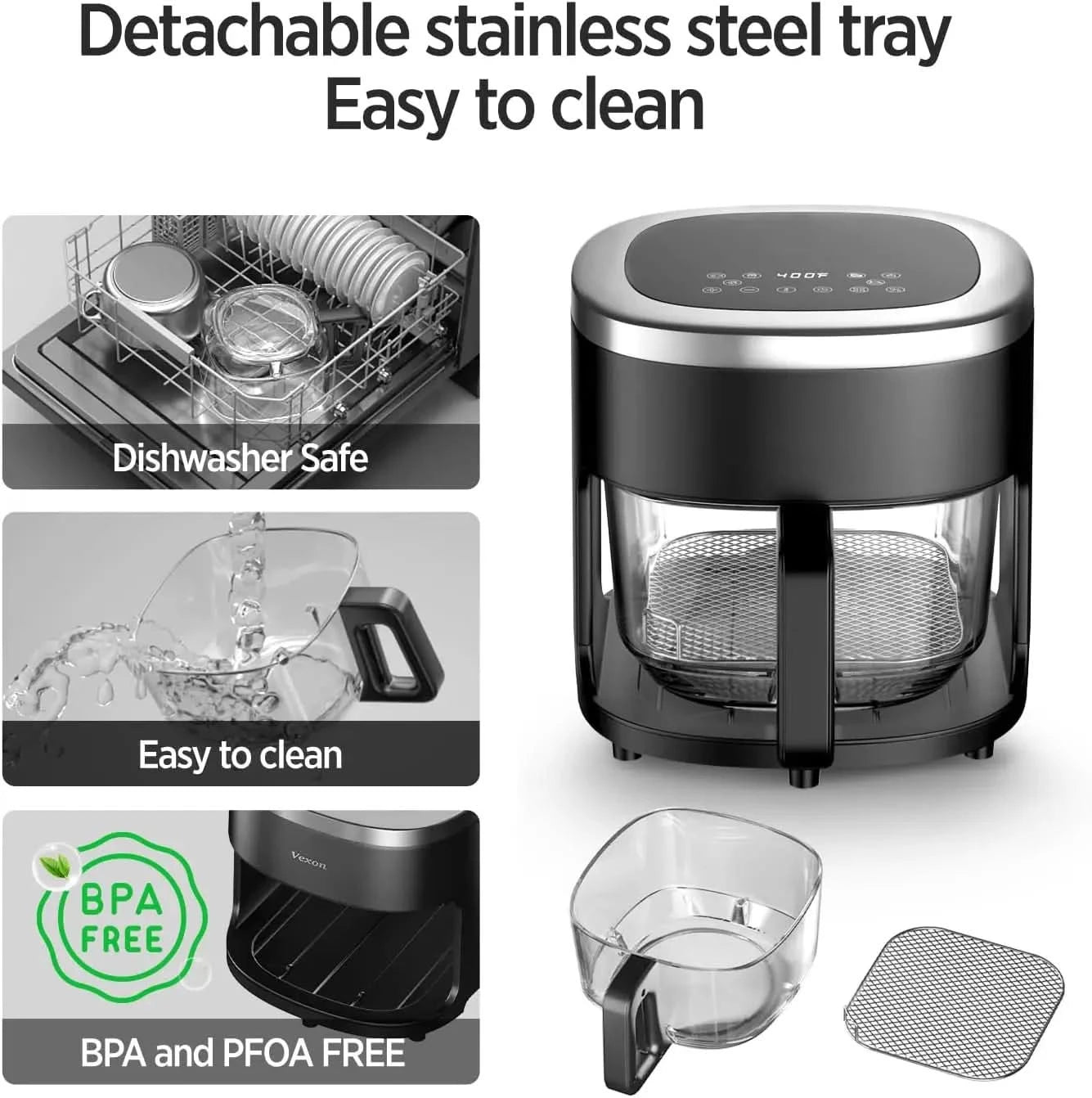 6-IN-1 Glass Air Fryer with 4.5 QT Capacity,Air Fry, Roast, Reheat, Dehydrate, Air Crisp Technology,Nonstick & Dishwasher Safe B - M & M Global