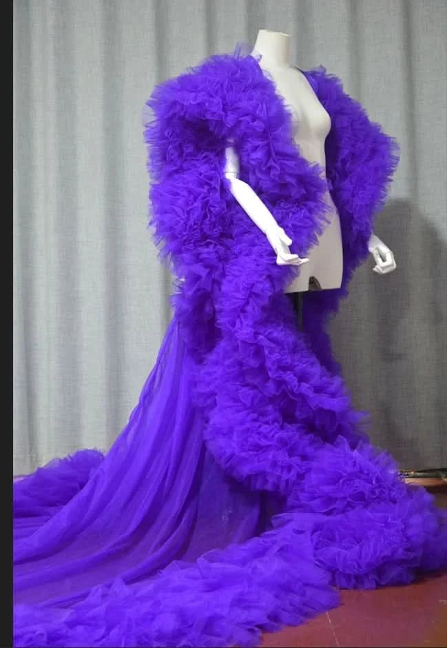 luxury Fully  long dress with ruffles cape tulle cloak Wedding attire Fashion Stage cloak custom  party prom dress - M & M Global