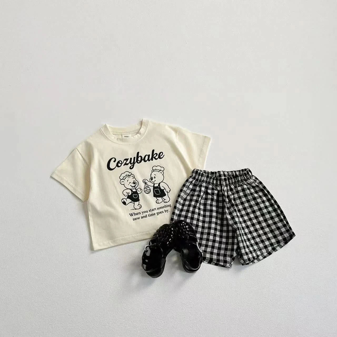 Print Tshirt Plaid Shorts 2Piece Set Summer Costume Boys Girls Baby Loose White Tees All-match Shorts New Child Trendy Outfits - M & M Global