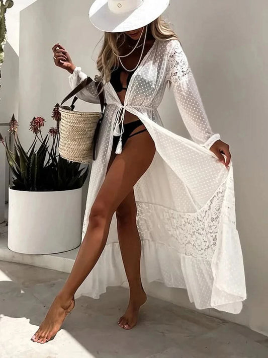 Summer Women Lace Patchwork Bikini Chiffon Beach Dress Cover Up Kimono Polka Dot Lace-up Cardigan Swimwear Long Sleeve Holiday - M & M Global