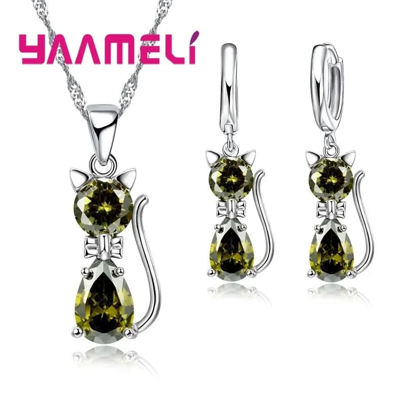Real 925 Sterling Silver Color Jewelry Sets for Woman Girls Shining Austrian Crystal Cute Cat Pendant Necklace Huggie Earring - M & M Global