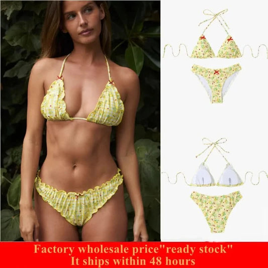 Women Y2k Bikinis Sets Coquette Aesthetic Bows Halter Tie Up Bikini Top High Cut Elastic Waist Bikini Bottom - M & M Global